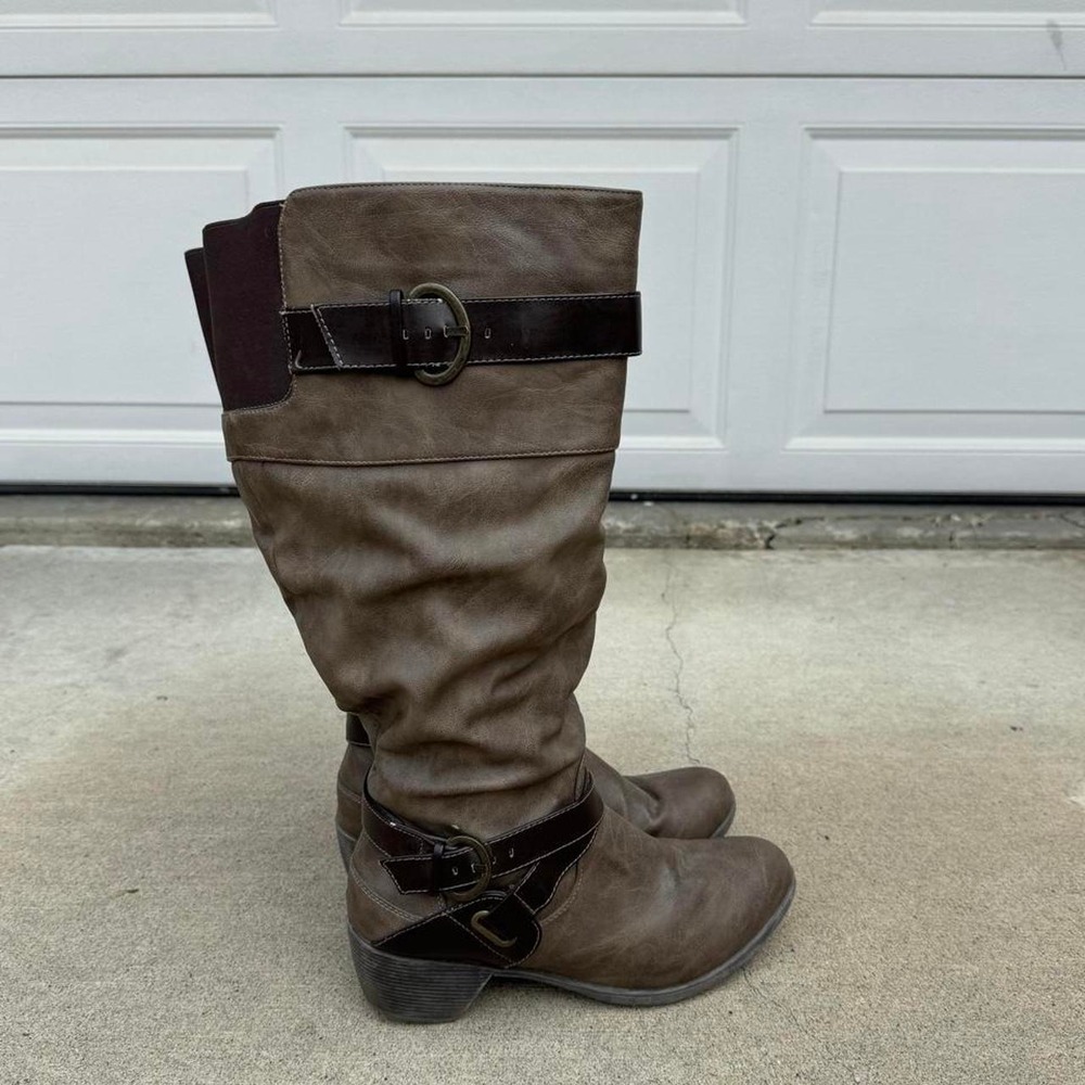 TALL TWO-TONE PLAID-LINED FAUX LEATHER BUCKLE BOOTS